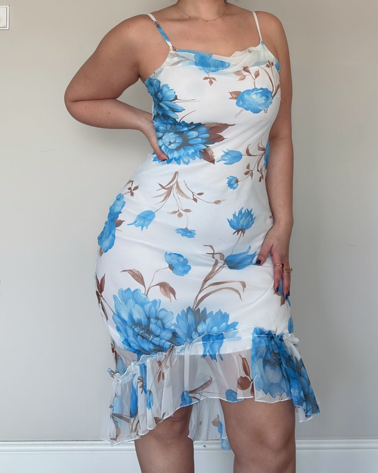 Blue Floral Mesh Midi Dress – M