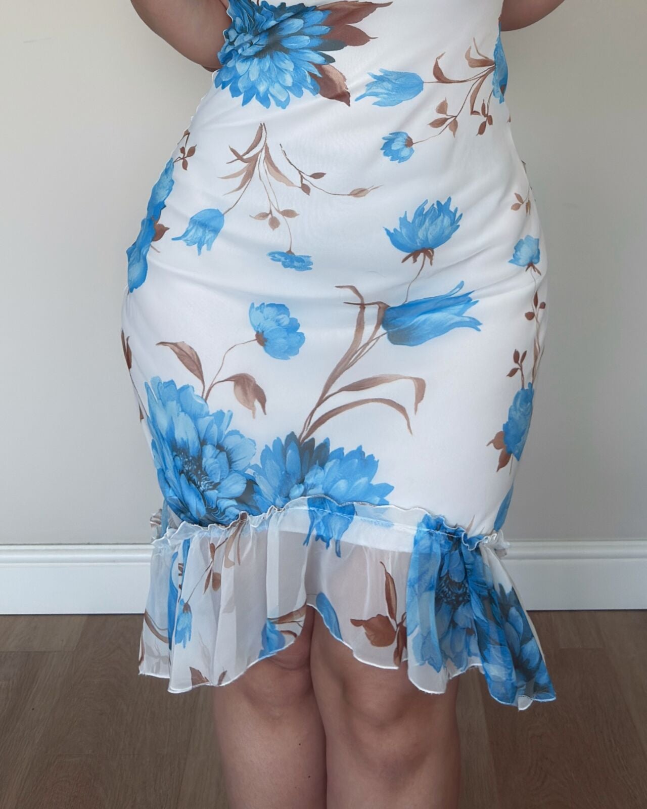 Blue Floral Mesh Midi Dress – M