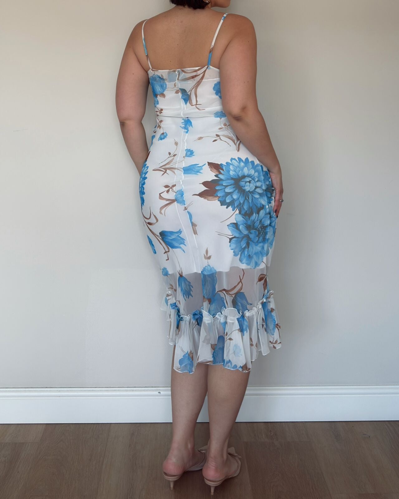 Blue Floral Mesh Midi Dress – M