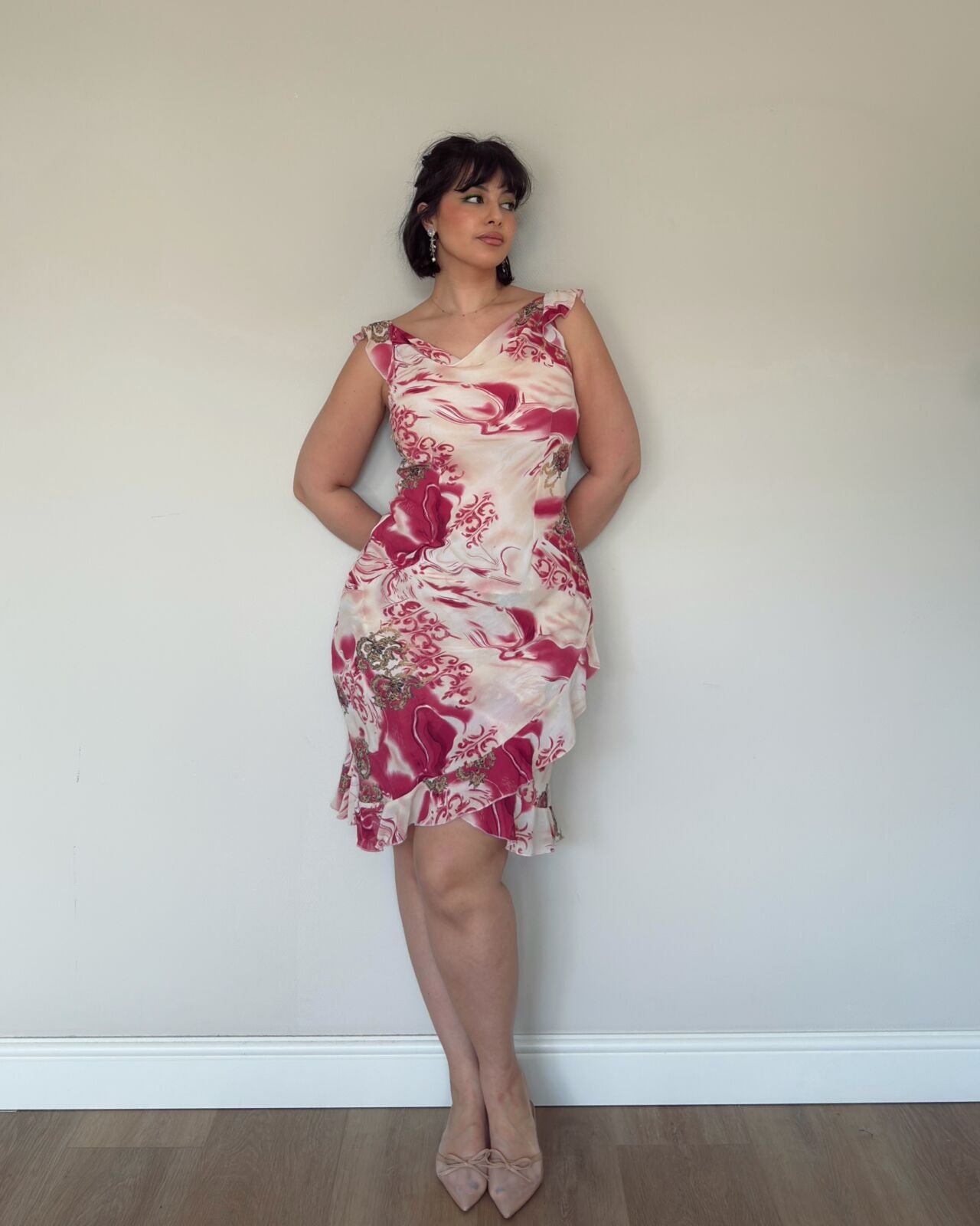 Romantic Pink Floral Midi Dress – M/L