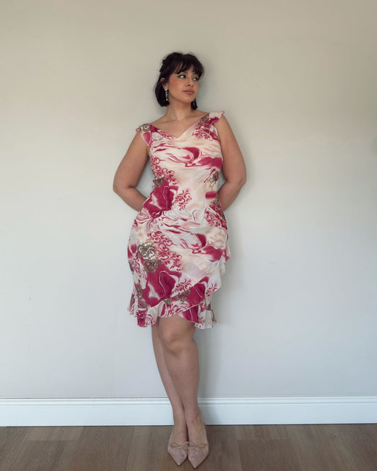 Romantic Pink Floral Midi Dress – M/L