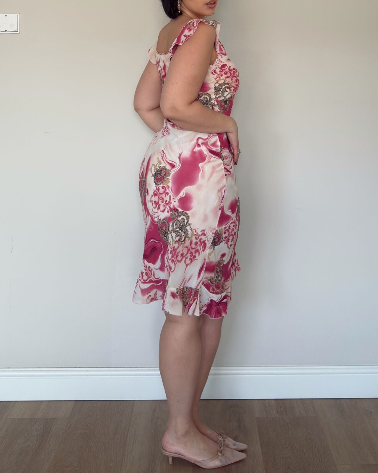 Romantic Pink Floral Midi Dress – M/L