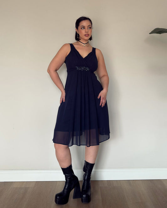 Navy Chiffon Dress with Beaded Waist – M