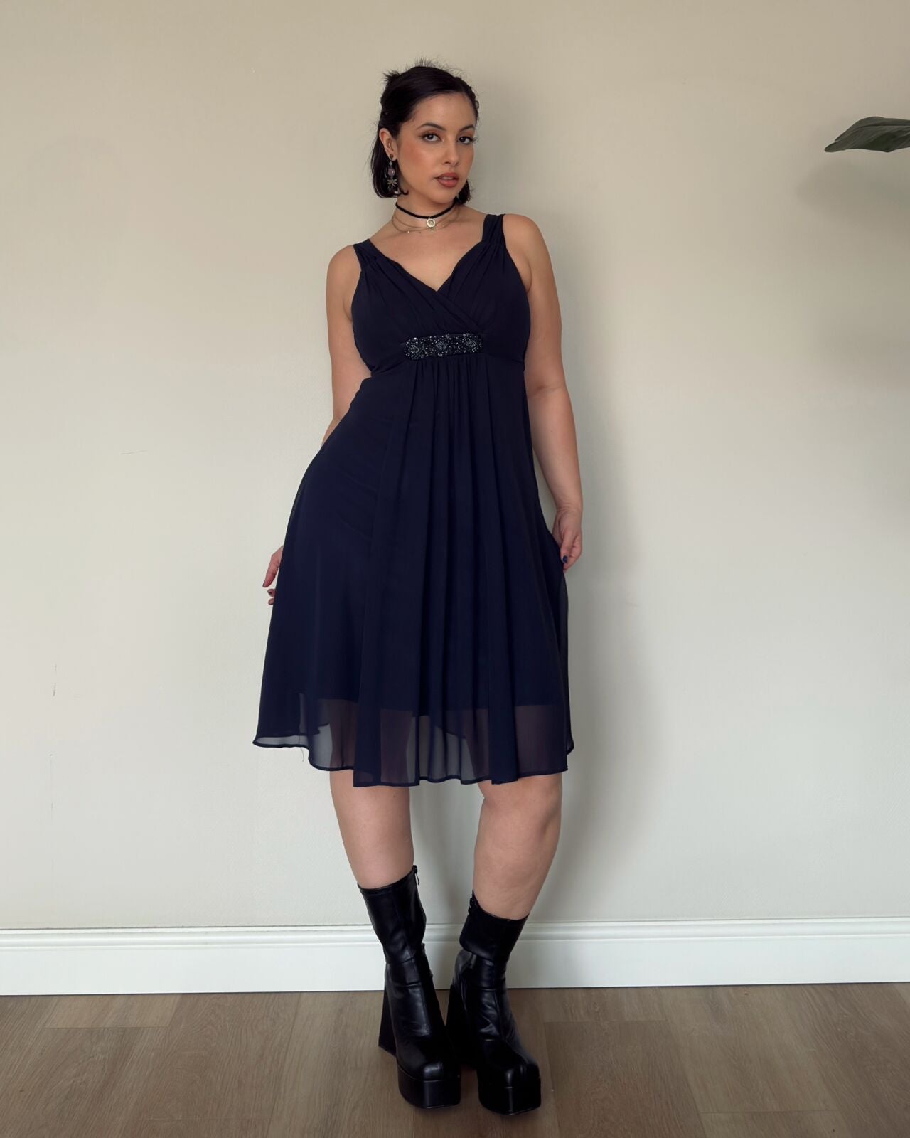 Navy Chiffon Dress with Beaded Waist – M