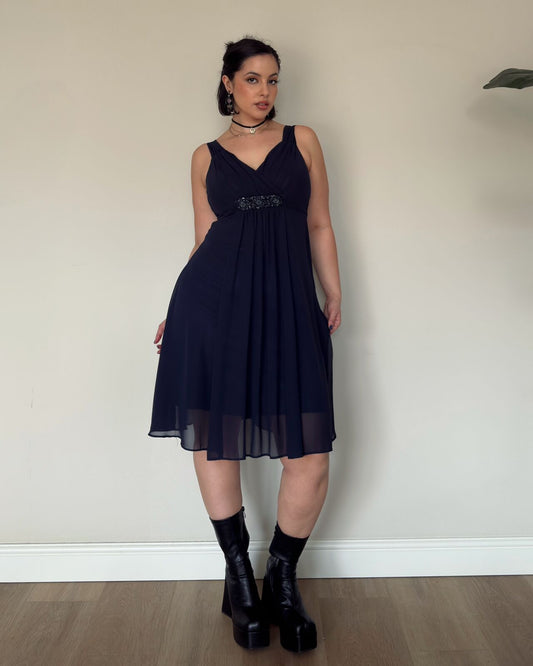 Navy Chiffon Dress with Beaded Waist – M