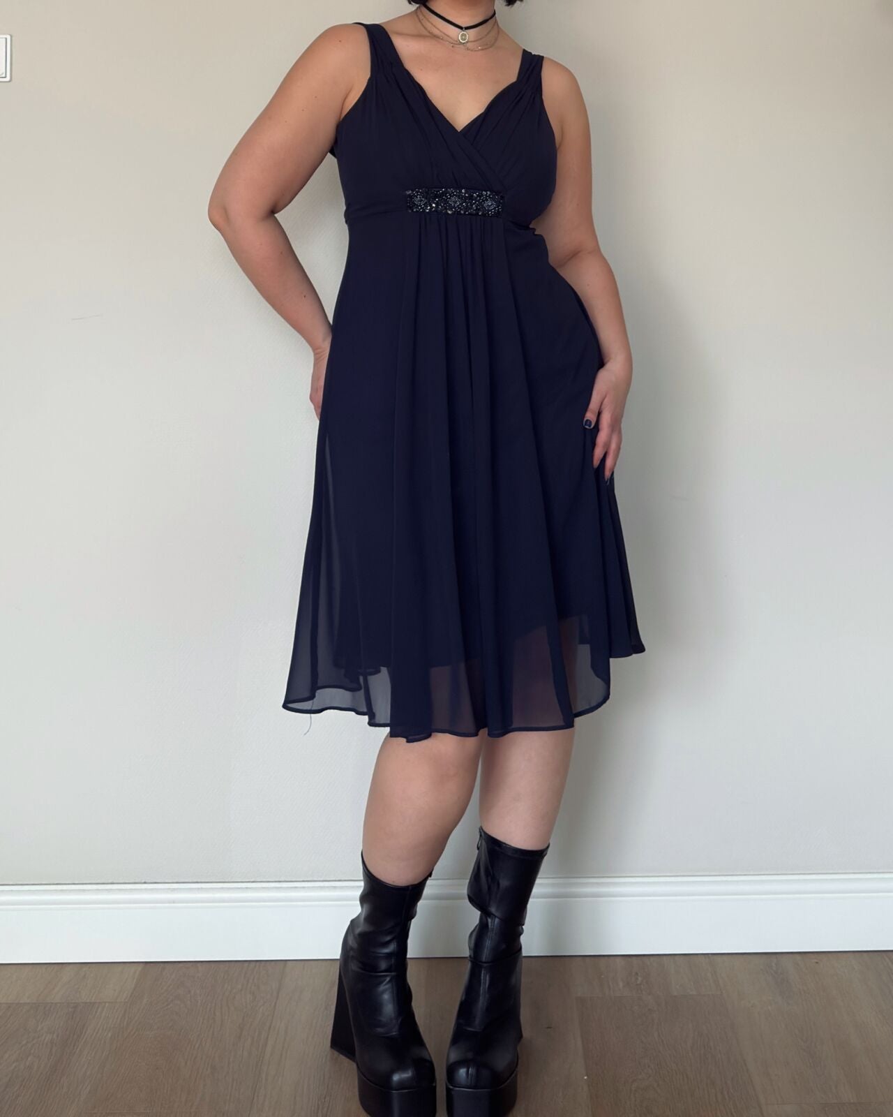 Navy Chiffon Dress with Beaded Waist – M
