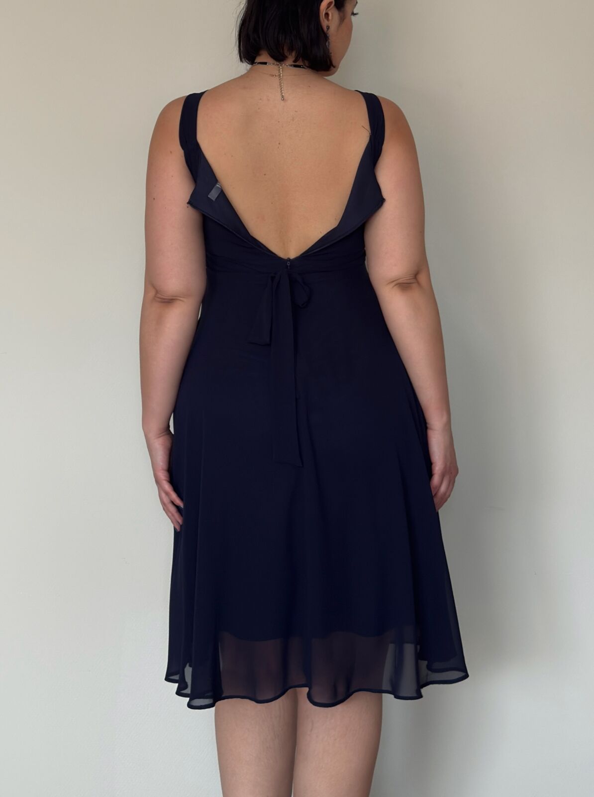 Navy Chiffon Dress with Beaded Waist – M