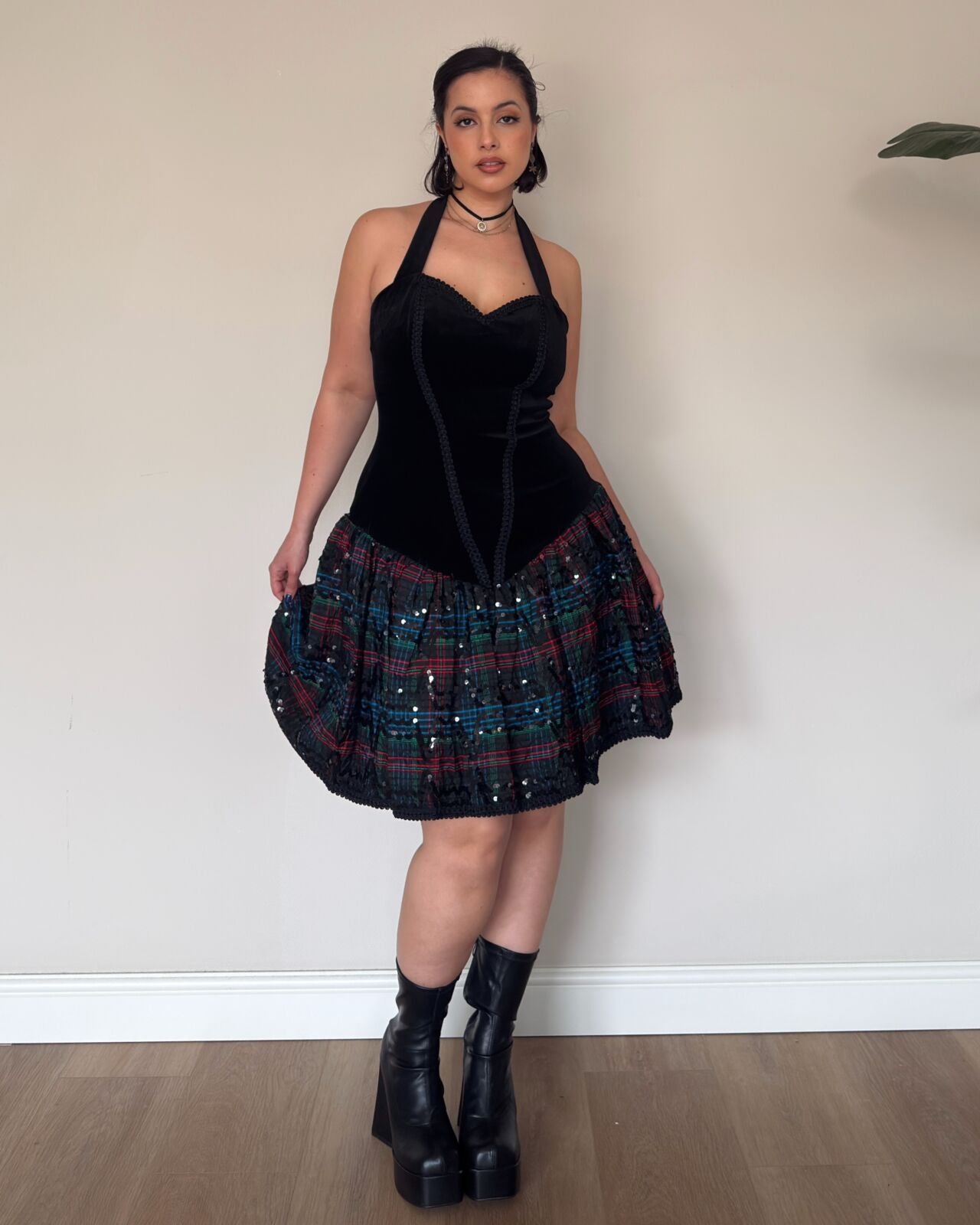 Vintage Velvet Corset Dress with Sequin Plaid Skirt – M/L