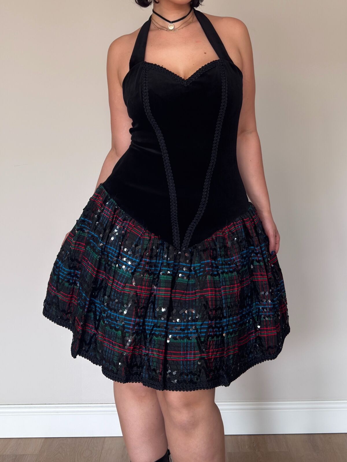 Vintage Velvet Corset Dress with Sequin Plaid Skirt – M/L
