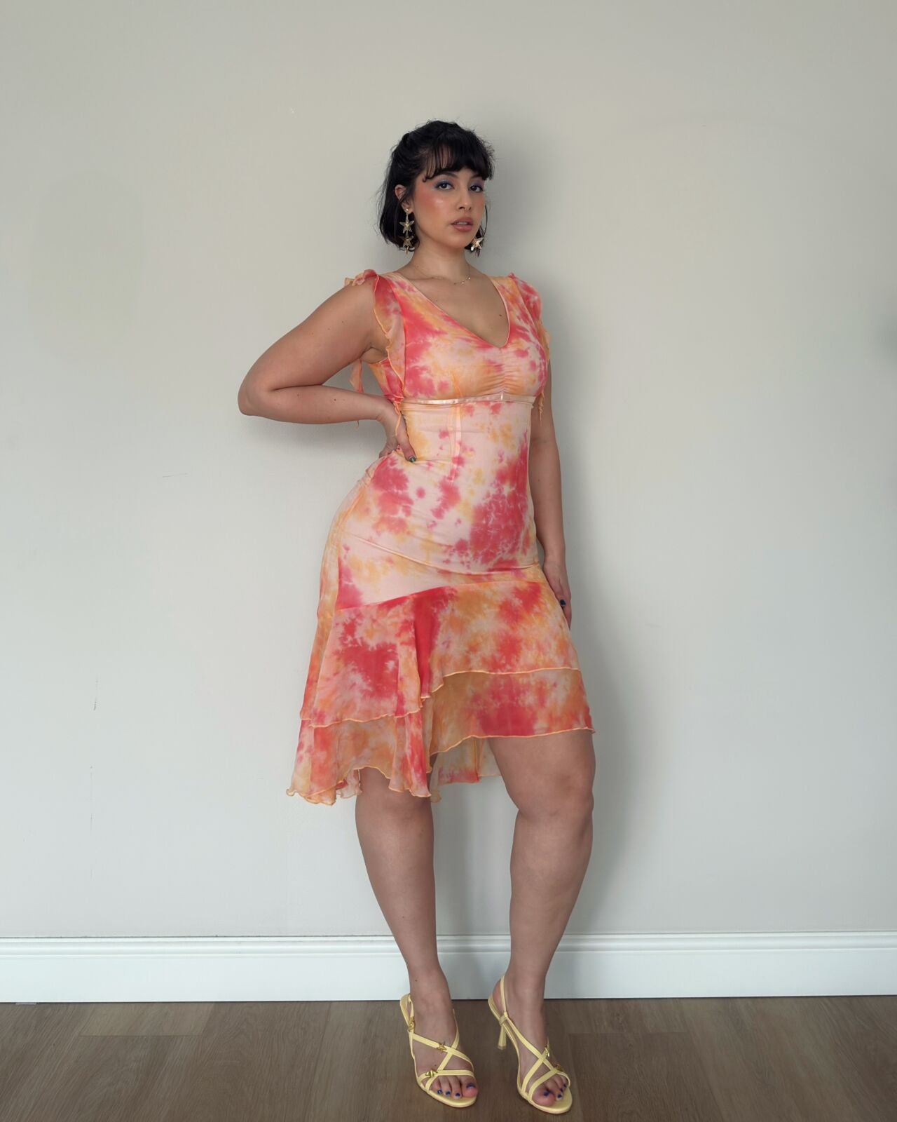 Pink Orange Fitted Mesh Dress