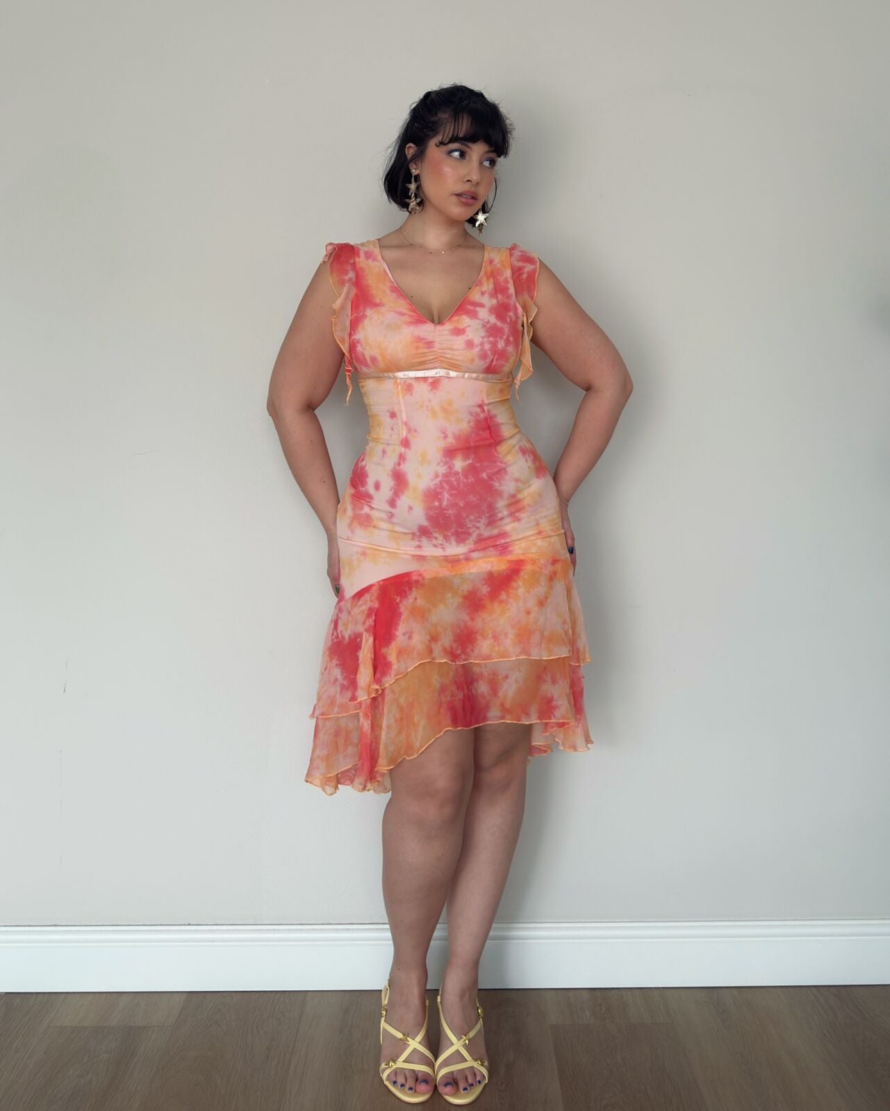 Pink Orange Fitted Mesh Dress