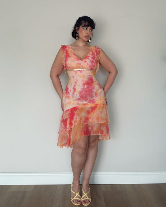 Pink Orange Fitted Mesh Dress