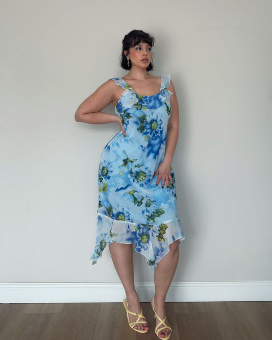 Blue Floral Midi Dress – L/XL