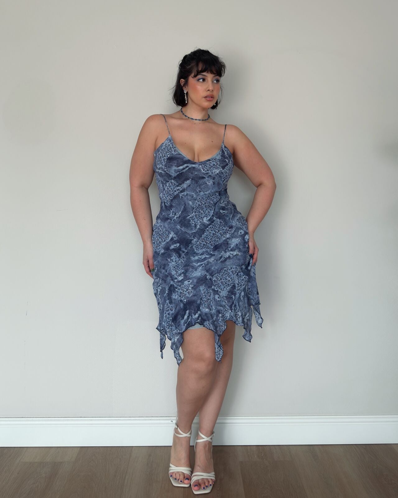 Blue Grey Ruffled Patchwork Dress – size M/L