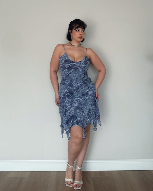Blue Grey Ruffled Patchwork Dress – size M/L
