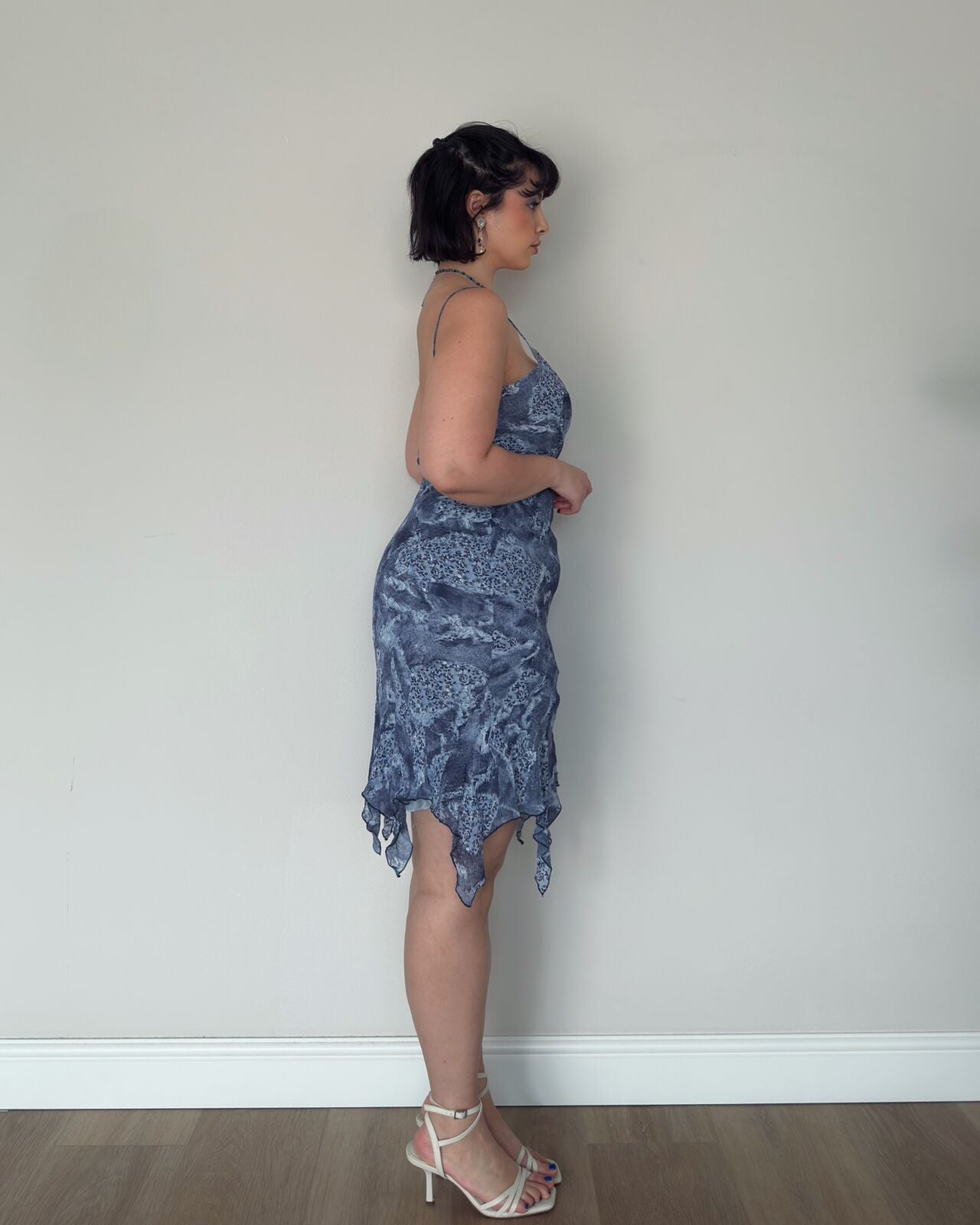 Blue Grey Ruffled Patchwork Dress – size M/L