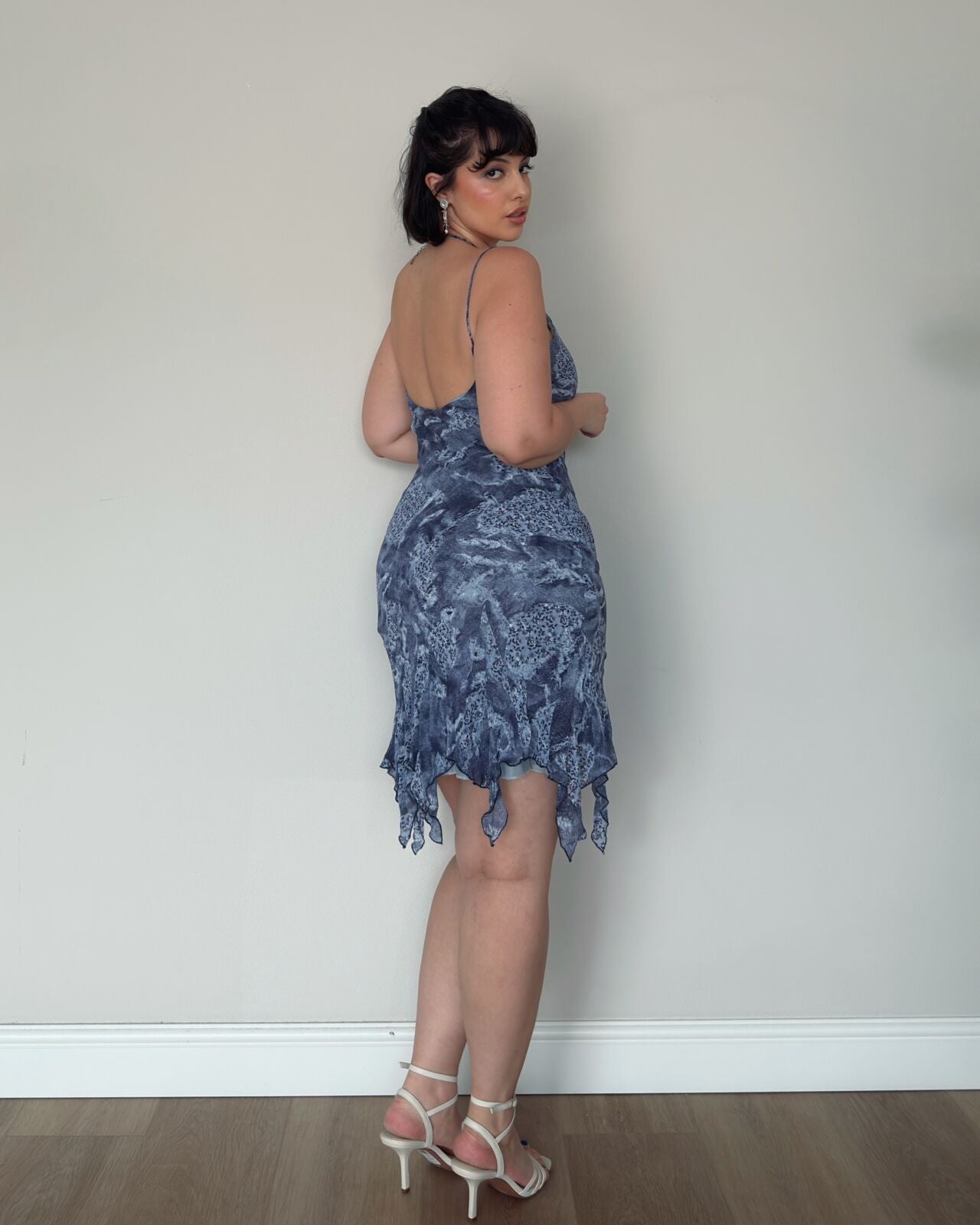 Blue Grey Ruffled Patchwork Dress – size M/L
