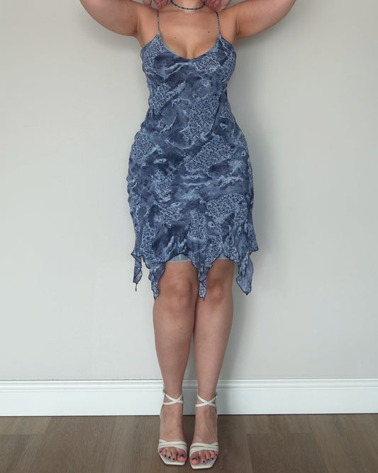 Blue Grey Ruffled Patchwork Dress – size M/L