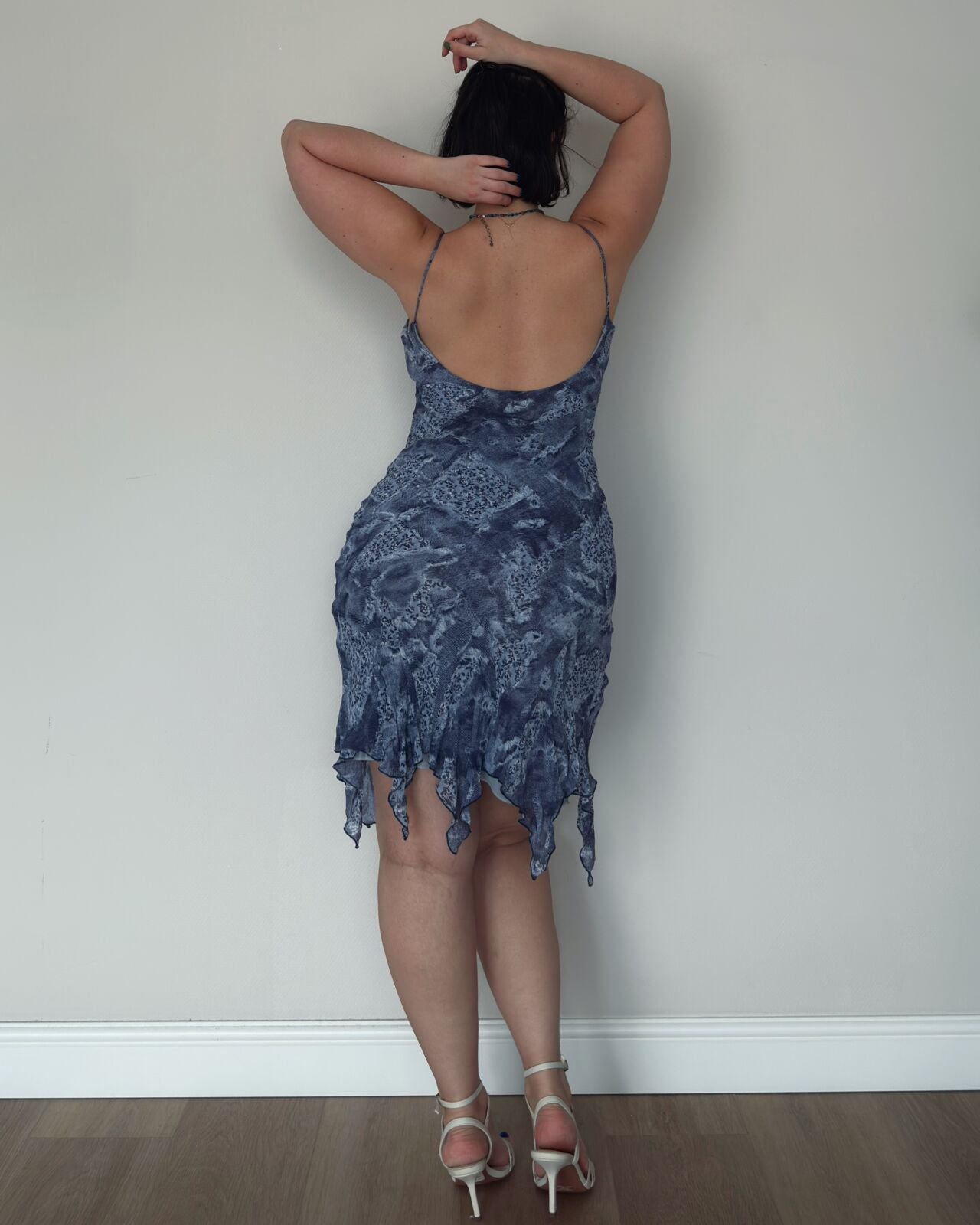 Blue Grey Ruffled Patchwork Dress – size M/L