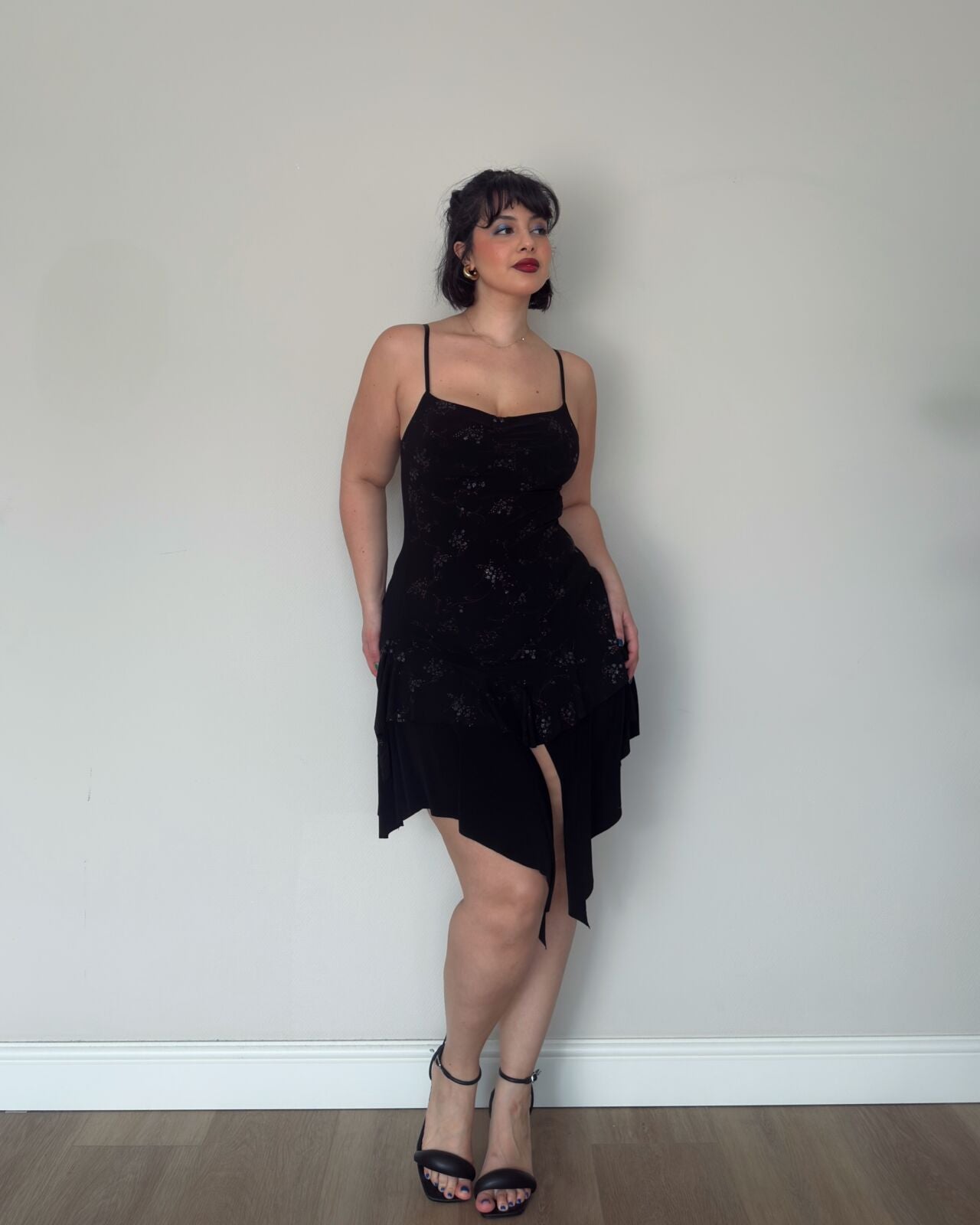 Black Asymmetric Embellished Mini Dress – size M
