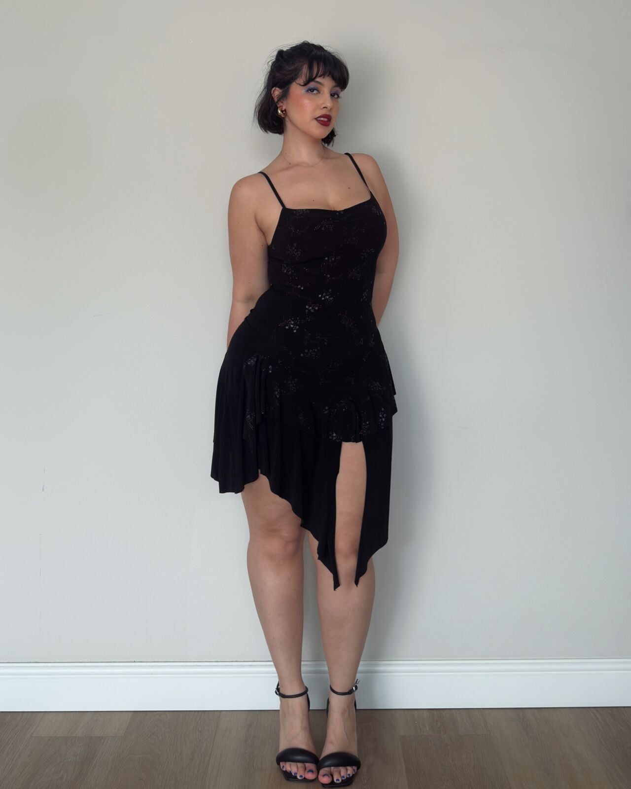 Black Asymmetric Embellished Mini Dress – size M