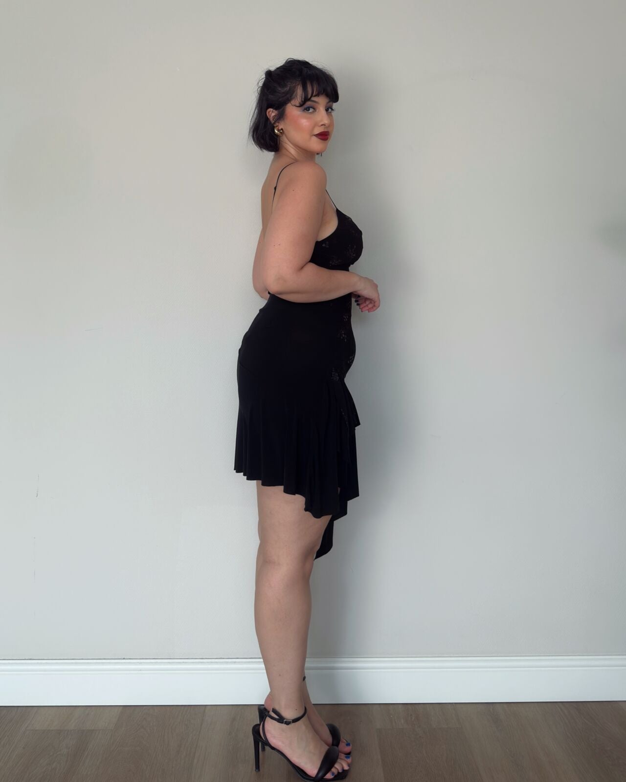 Black Asymmetric Embellished Mini Dress – size M