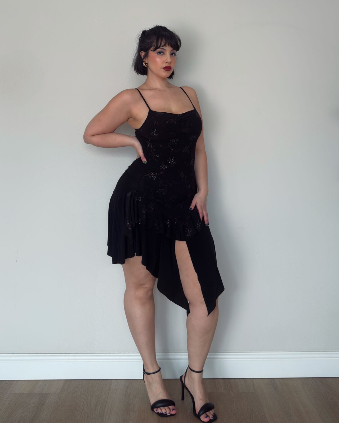 Black Asymmetric Embellished Mini Dress – size M