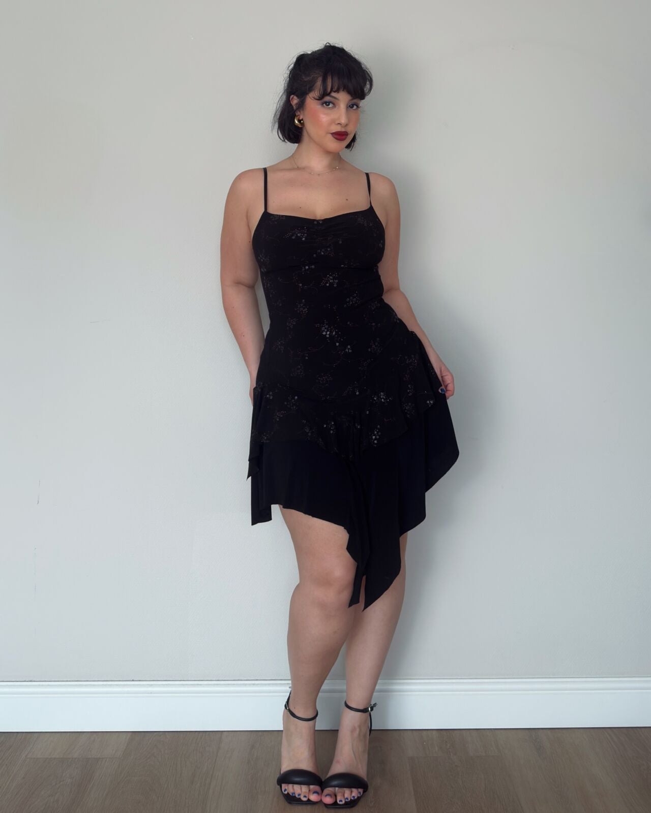 Black Asymmetric Embellished Mini Dress – size M