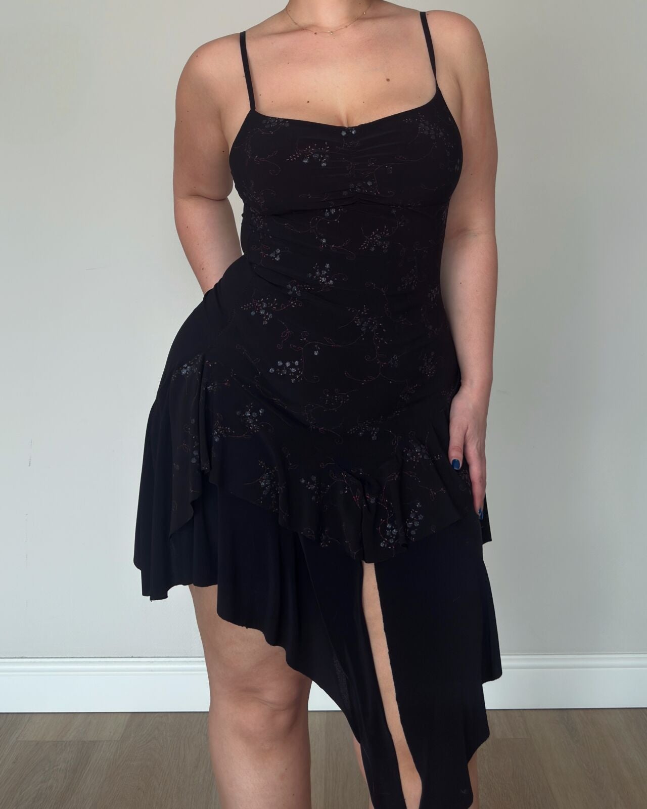 Black Asymmetric Embellished Mini Dress – size M