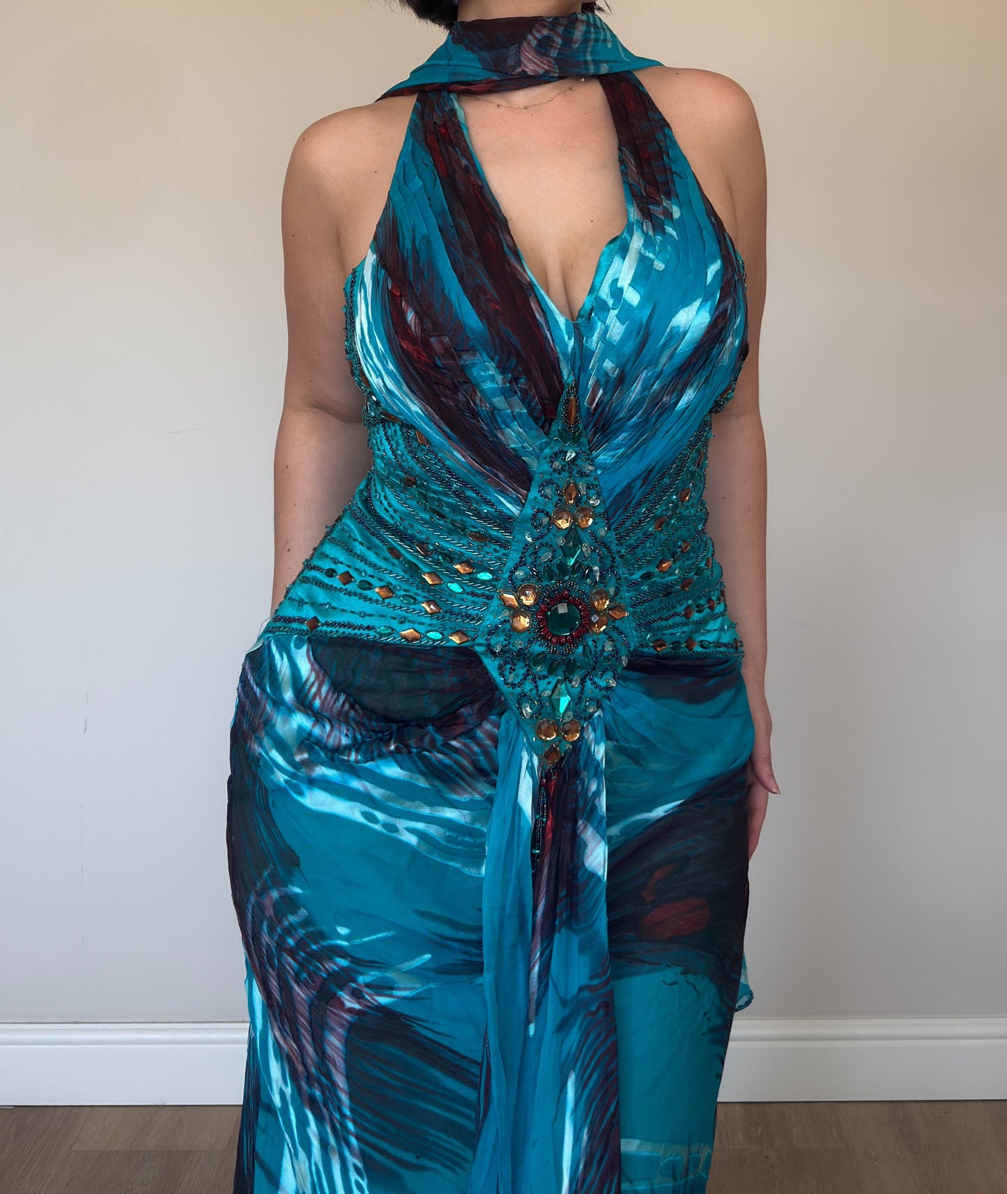 Ocean Muse Silk Beaded Gown with Matching Scarf - size M/L