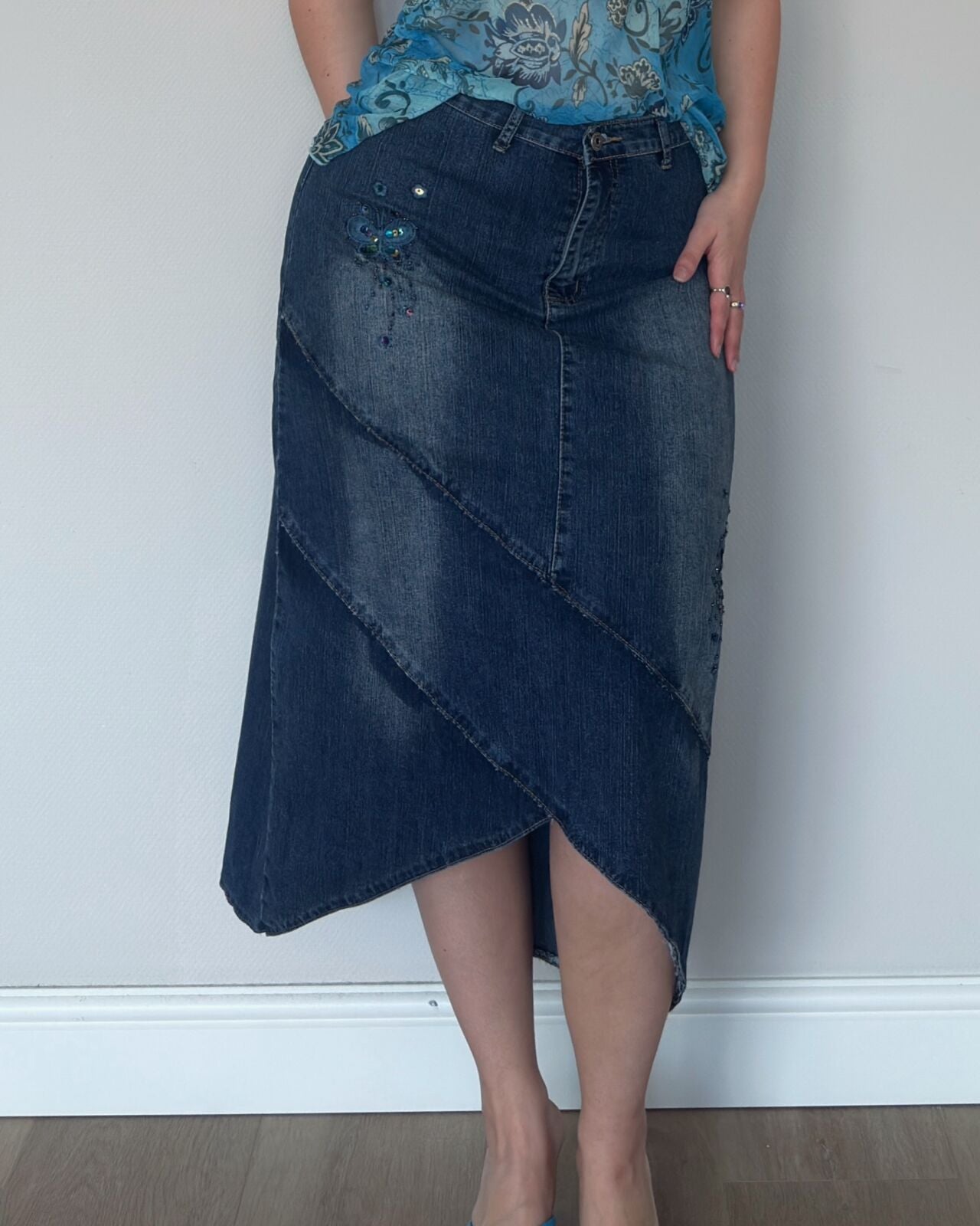Y2K Denim Butterfly Embellished Midi Skirt – L/XL