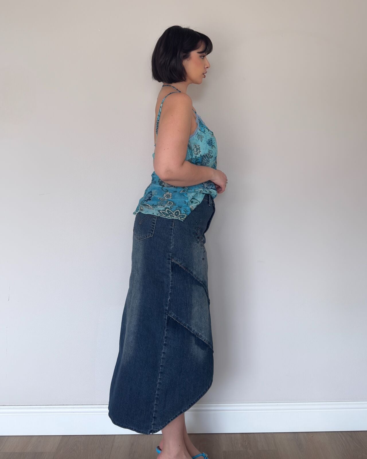 Y2K Denim Butterfly Embellished Midi Skirt – L/XL