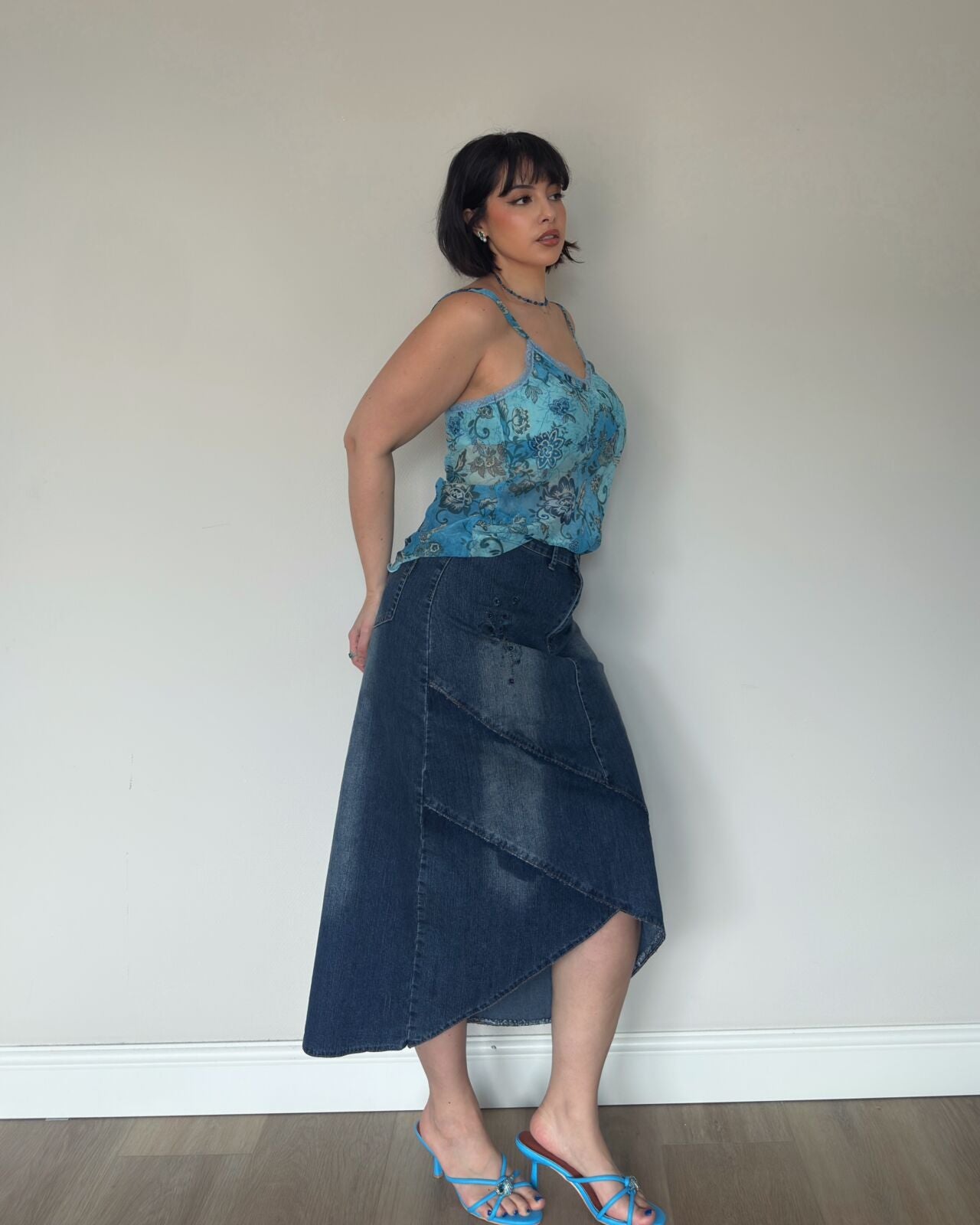 Y2K Denim Butterfly Embellished Midi Skirt – L/XL