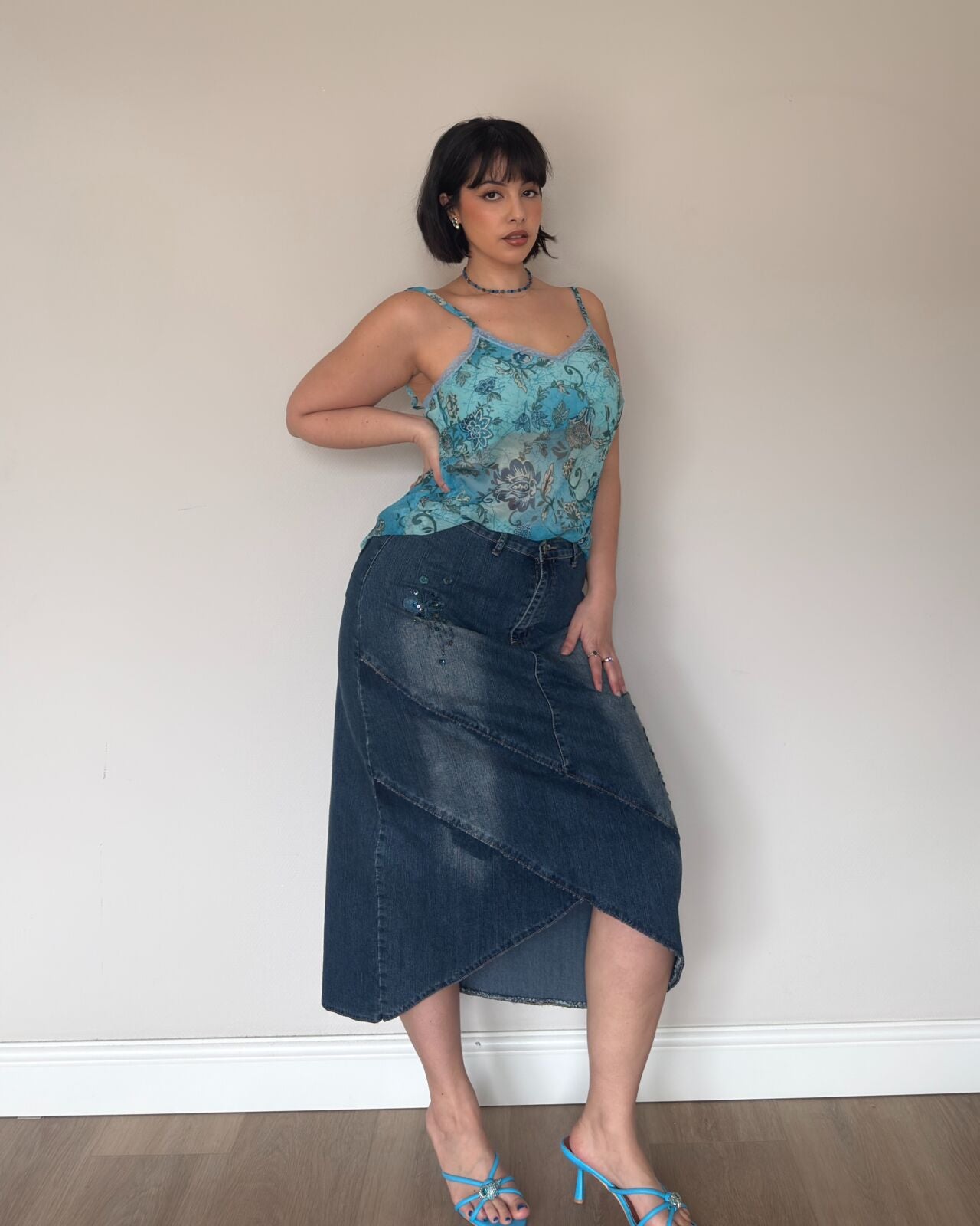 Y2K Denim Butterfly Embellished Midi Skirt – L/XL