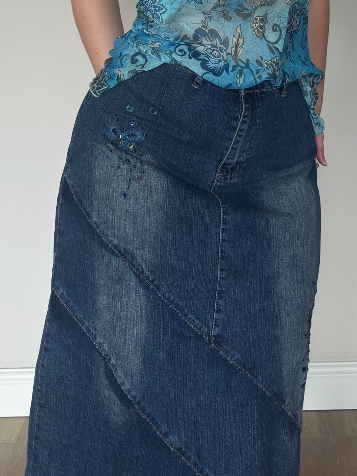 Y2K Denim Butterfly Embellished Midi Skirt – L/XL