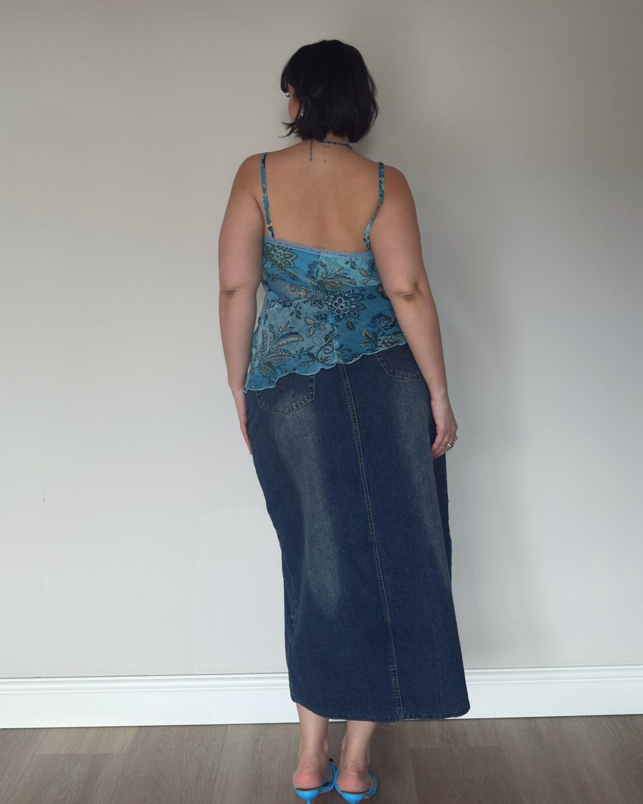 Y2K Denim Butterfly Embellished Midi Skirt – L/XL