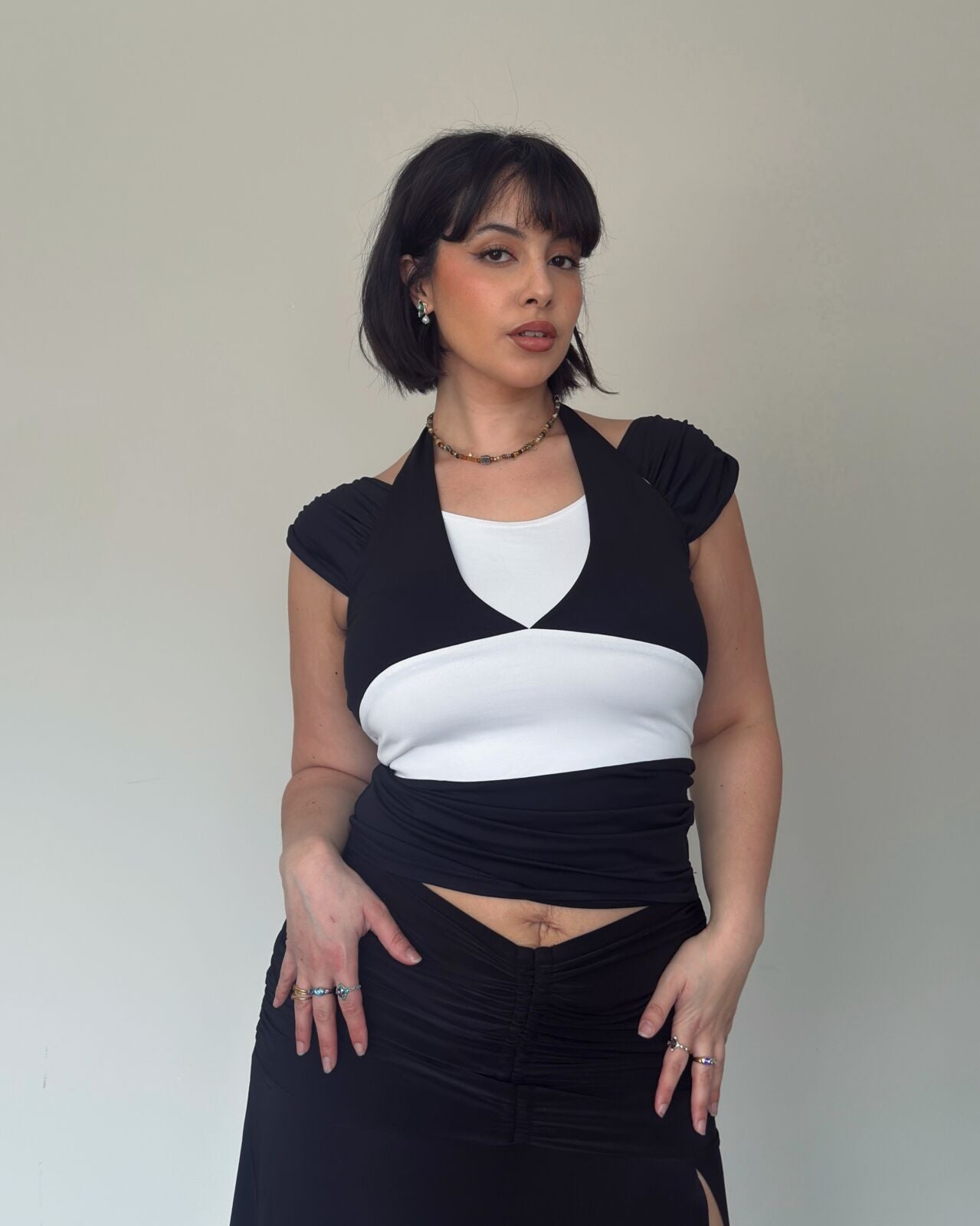 Y2K Black & White Halter Top – size M-L