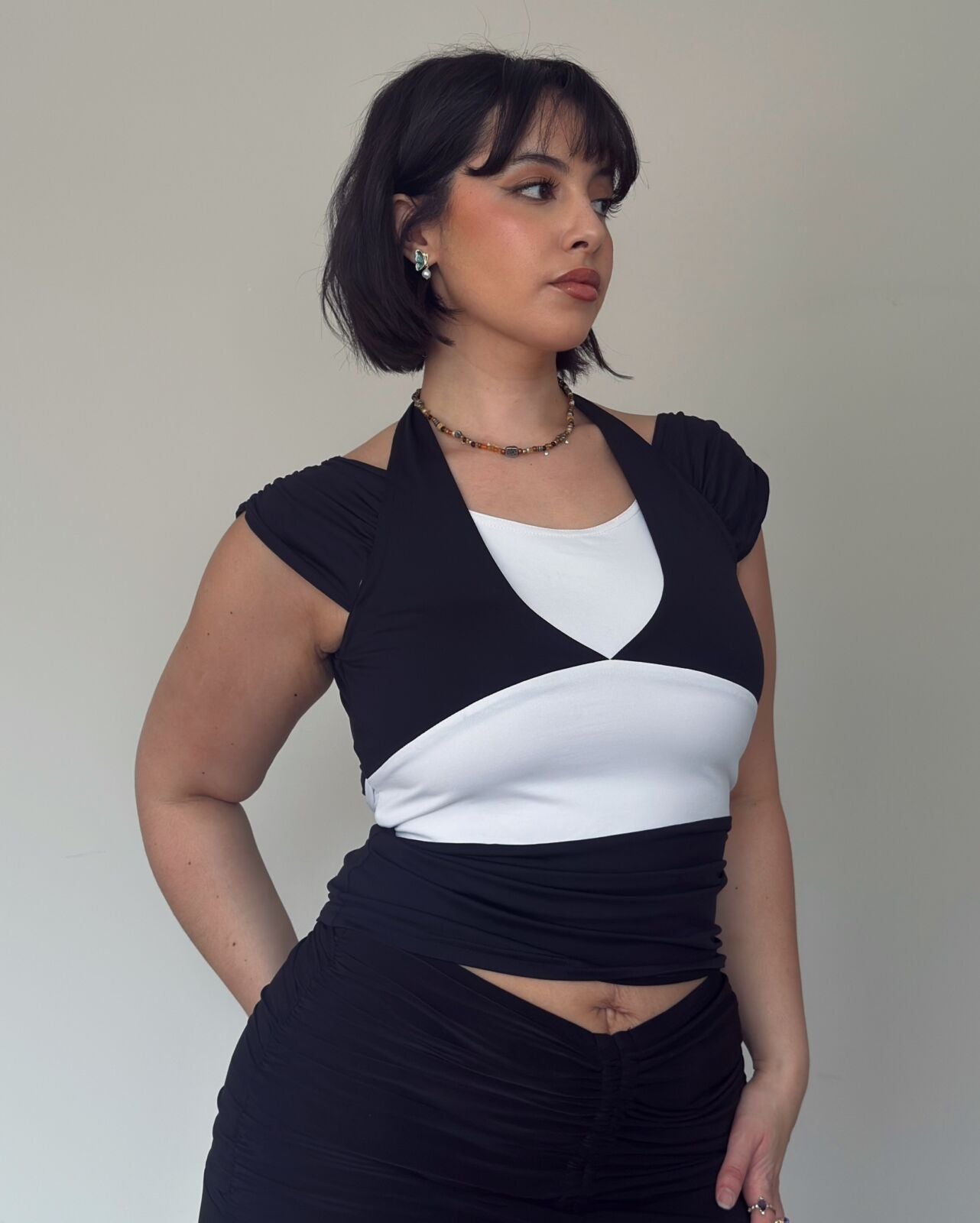 Y2K Black & White Halter Top – size M-L