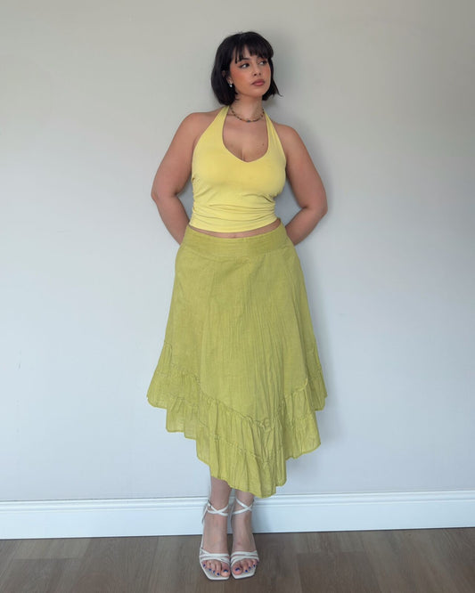 Yellow/Green Asymmetrical Ruffle Midi Skirt – size XL/XXL