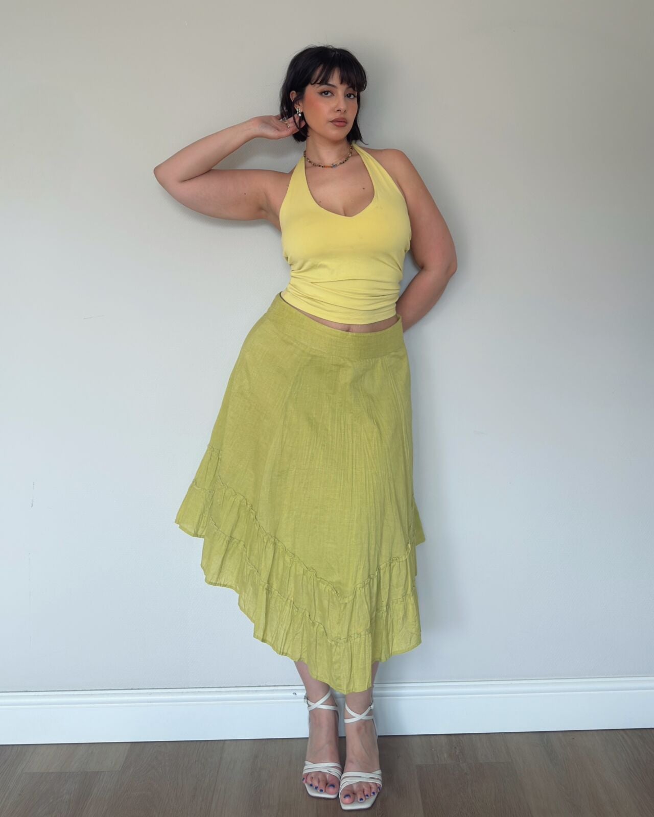 Yellow/Green Asymmetrical Ruffle Midi Skirt – size XL/XXL