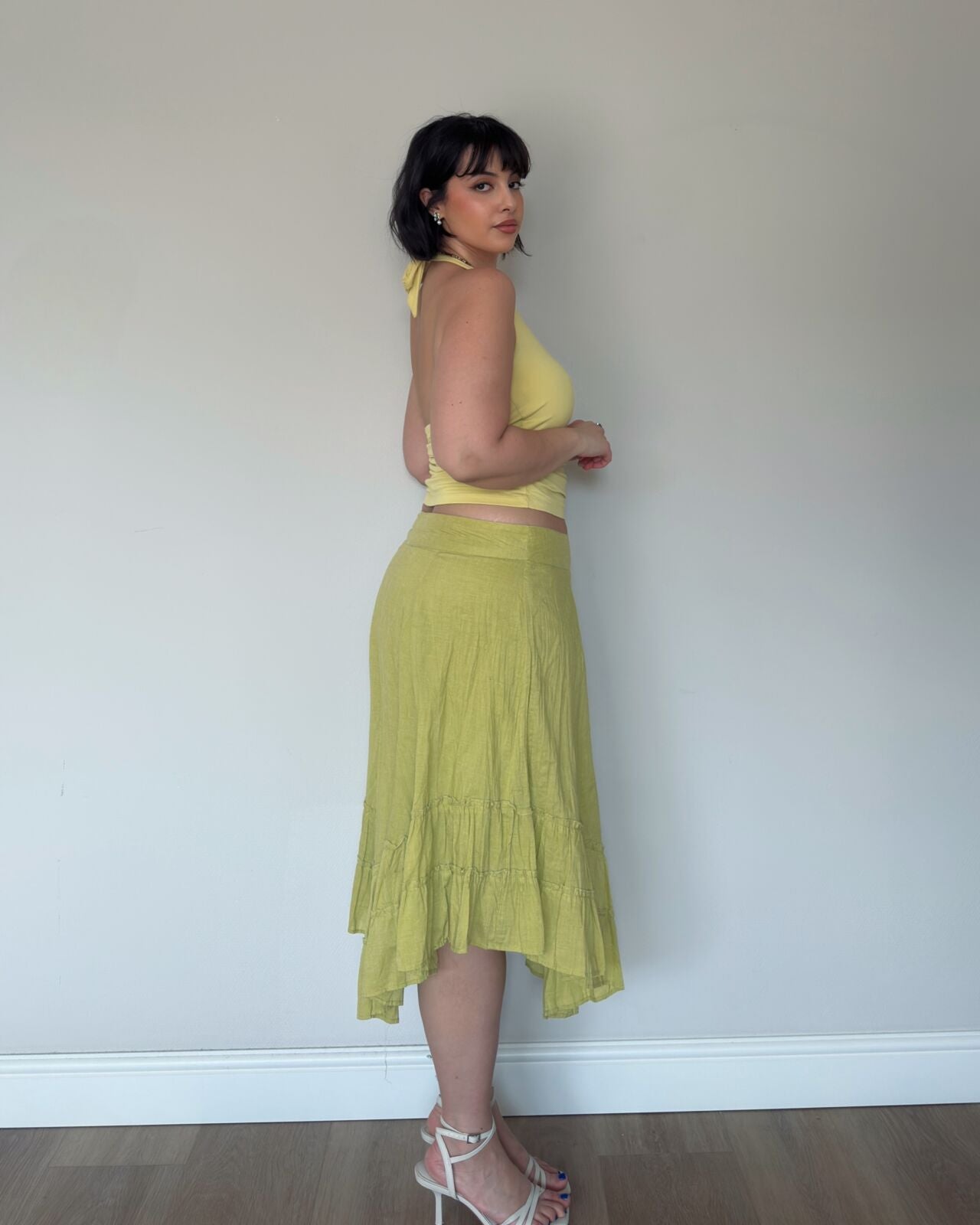 Yellow/Green Asymmetrical Ruffle Midi Skirt – size XL/XXL