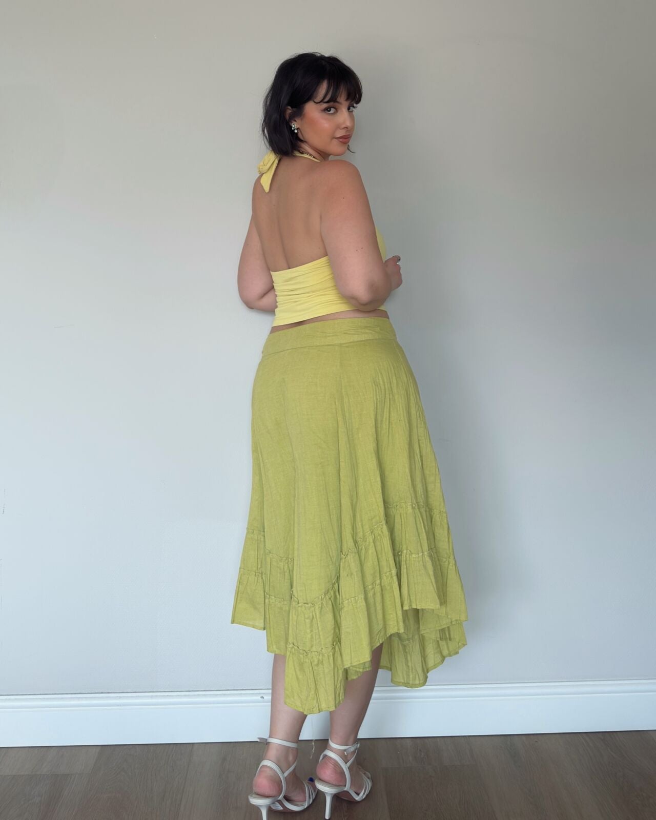 Yellow/Green Asymmetrical Ruffle Midi Skirt – size XL/XXL