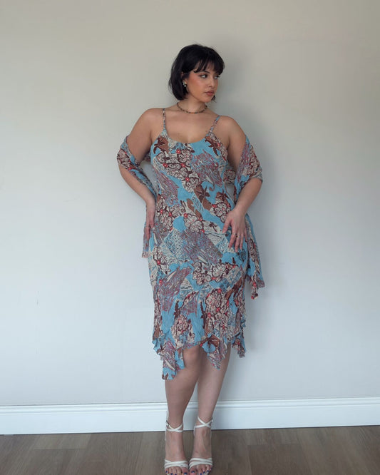 Vintage Handkerchief Hem Dress with Matching Scarf – size M-XL
