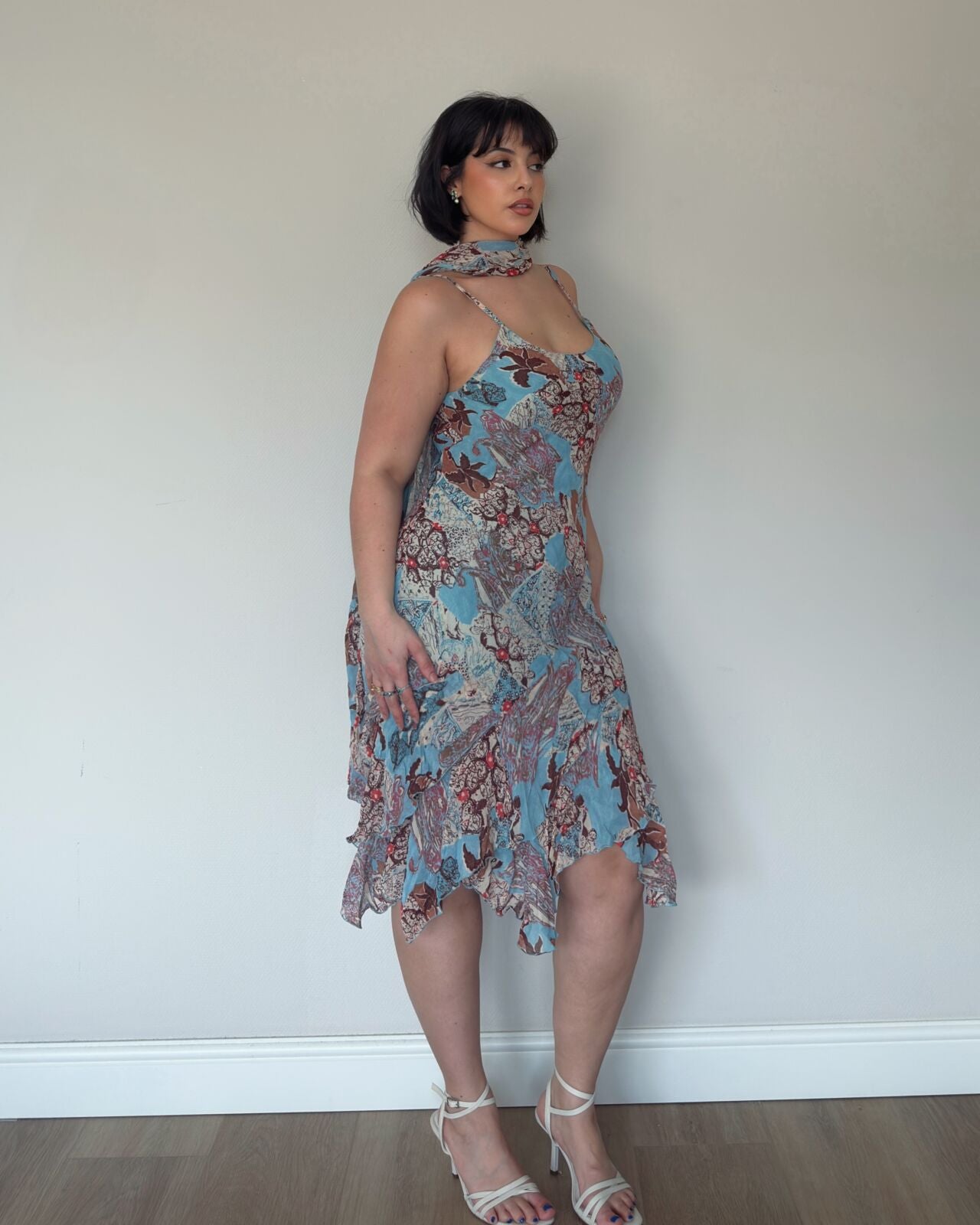 Vintage Handkerchief Hem Dress with Matching Scarf – size M-XL