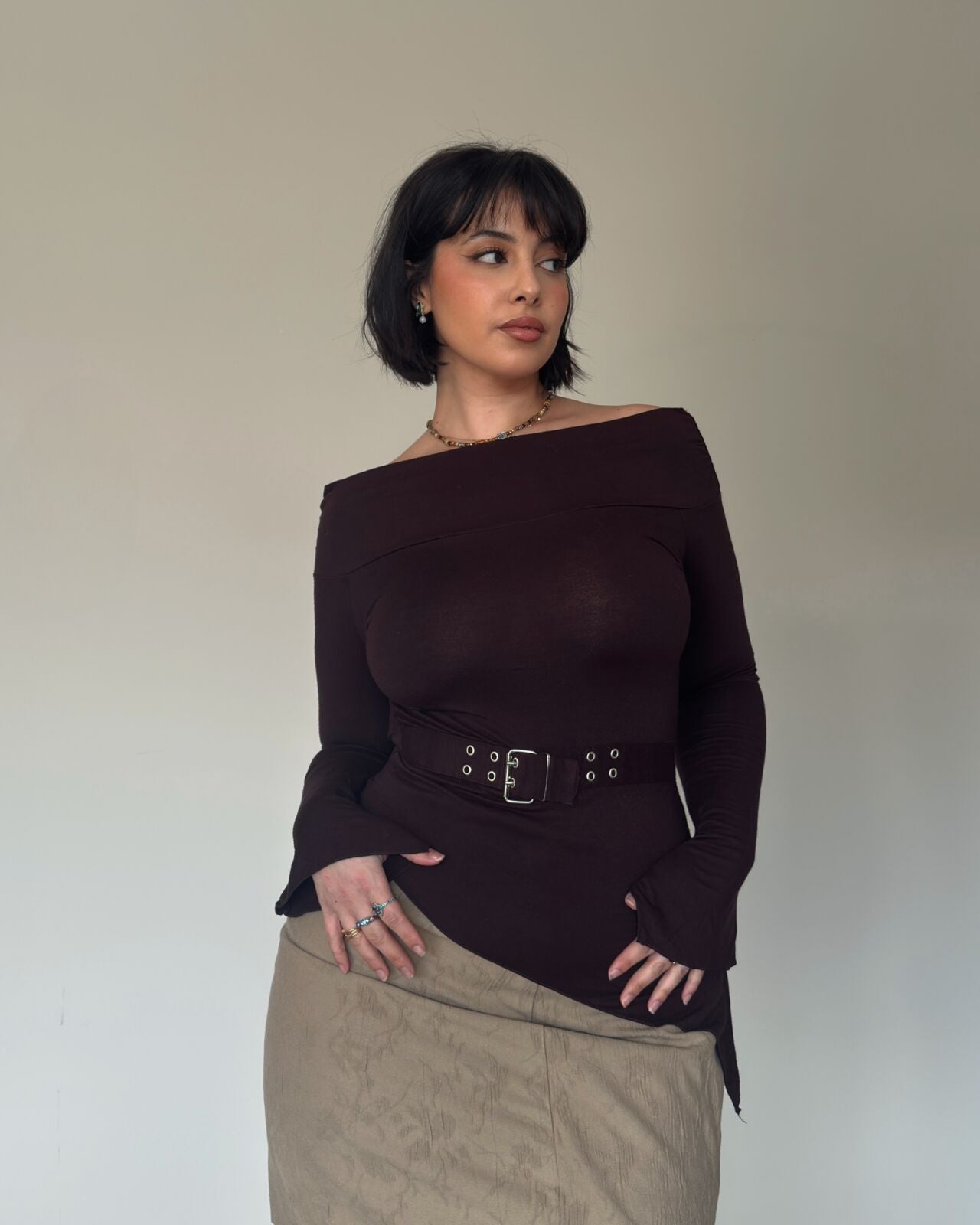 Y2K Belted Off Shoulder Top – size M/L