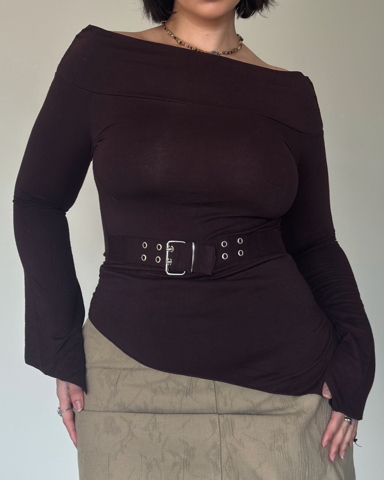 Y2K Belted Off Shoulder Top – size M/L
