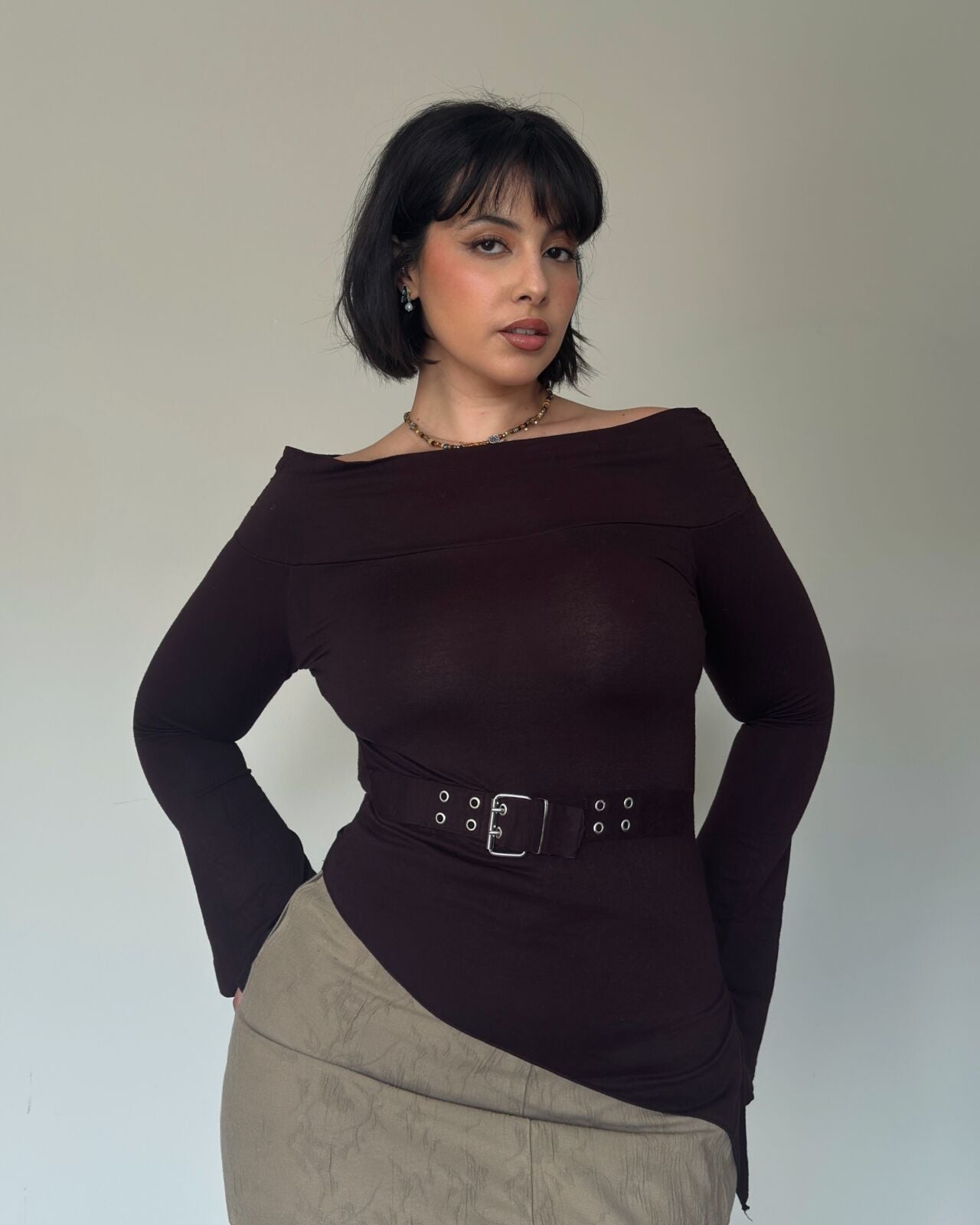 Y2K Belted Off Shoulder Top – size M/L