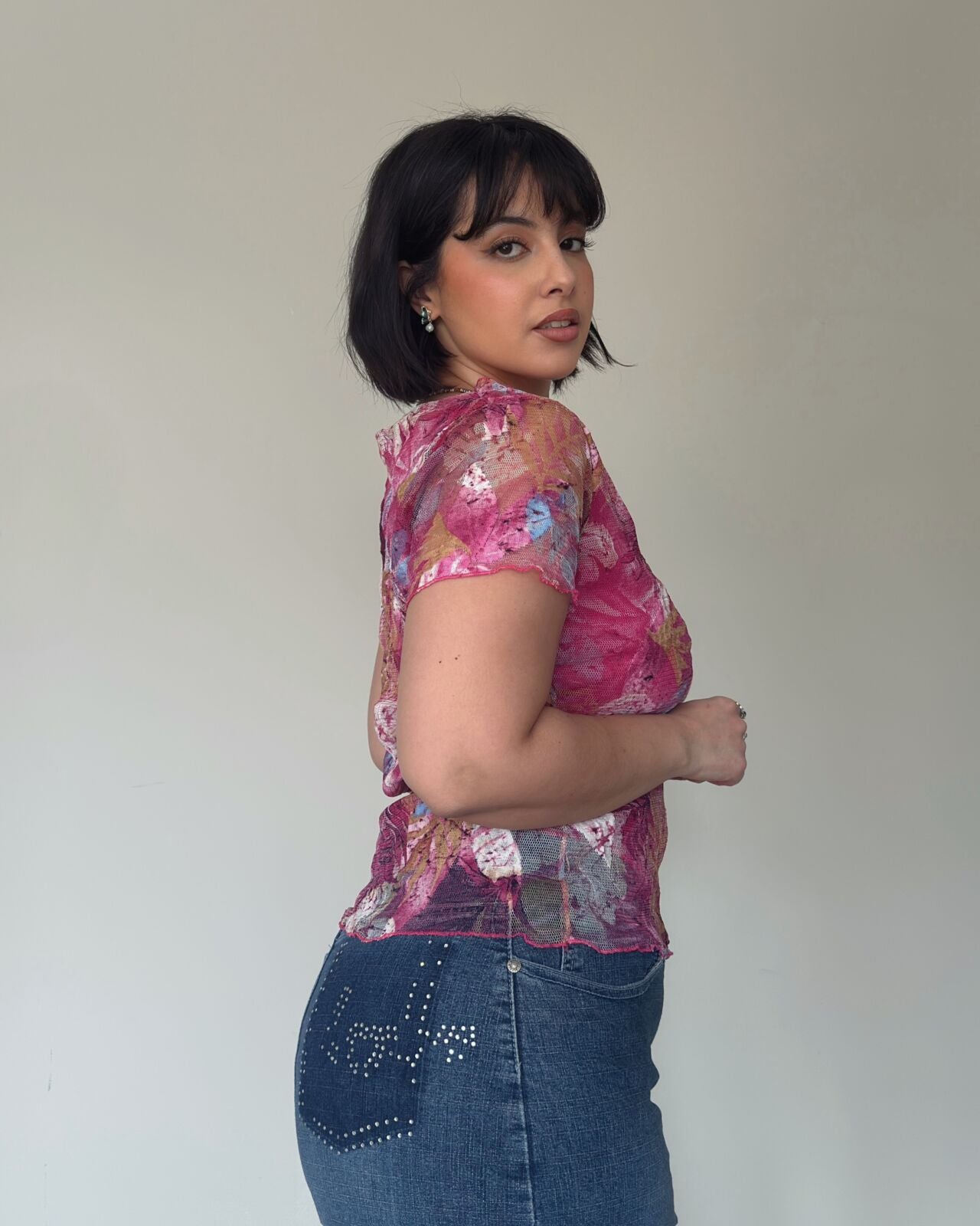 Pink Floral Mesh Top – size L-XL