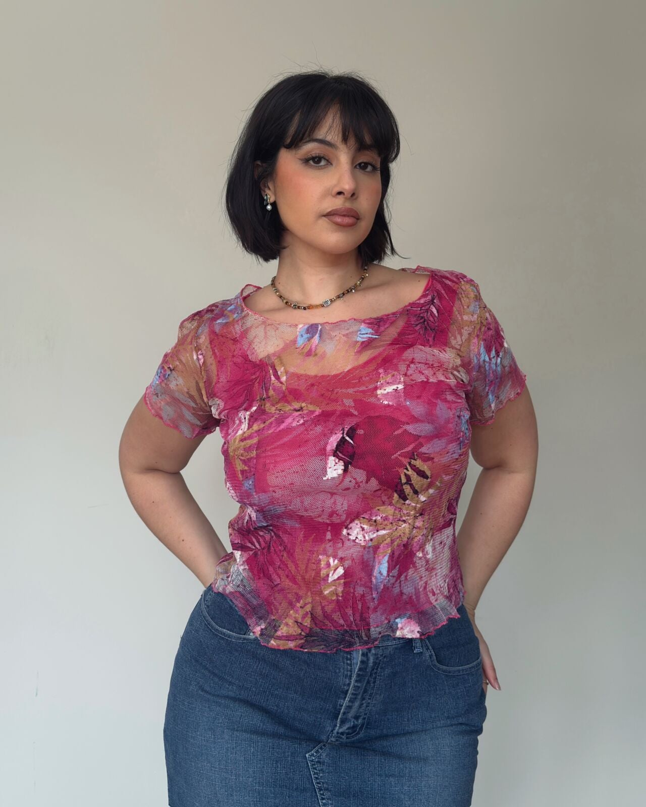 Pink Floral Mesh Top – size L-XL