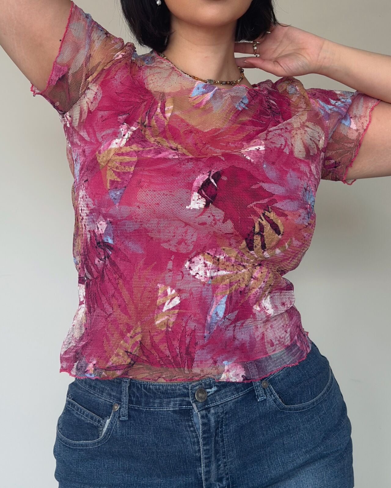Pink Floral Mesh Top – size L-XL